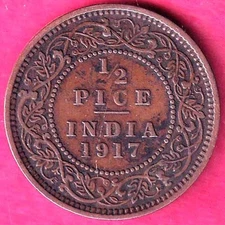 British India 1917  George V 1/2 Pice Rare  Copper Coin#H2341