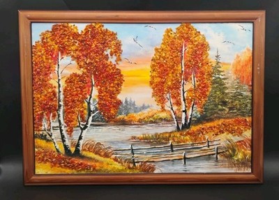 Autumn Landscape Gravel Art Lake River Bridge Trees Framed Pressed Board 1970's