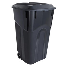 32 Gallon Wheeled Heavy Duty Plastic Garbage Can, Attached Lid, Black