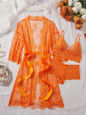 Plunging V Neck Lace Semi Sheer Sexy Sleepwear Set For Cheap24