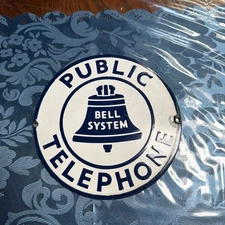 Vintage 7” Round Bell System Public Telephone Sign   Porcelain