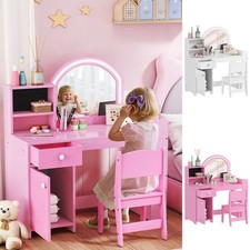 Kids Vanity Table and Chair Set with 2-Colour LED Mirror for Ages 3-8