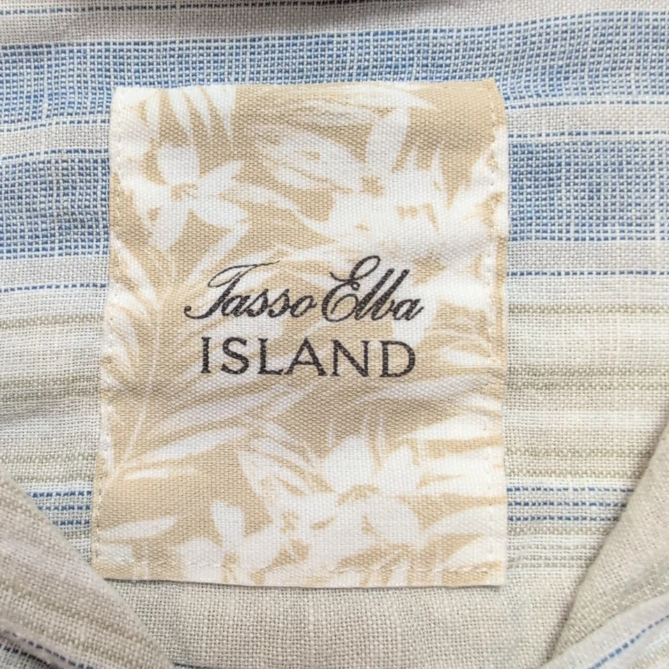 Chemise Tasso Elba Island L XL Lin Coton Beige Bleu Rayures Poche manches longue - Photo 2/4