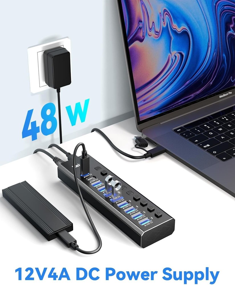 Powered USB Hub 3.2, 10-Port USB 3.2/USB C Hub (10Gbps USB-A 3.2 +2 USB-C 3.2 +