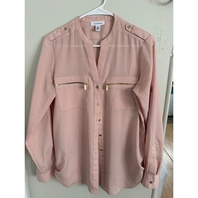 Calvin Klein Womens Blush Pink Button Up Blouse Gold Zip Pockets Roll Tab Small