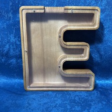 Wooden Letter E Piggy Bank Wood and Clear Acrylic Coin Paper 7  Tall   NIB