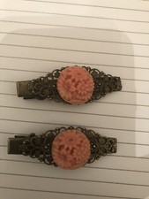  2 Retro Pink Victorian Flower Cabochon Bronze Vintage Filigree Hair Clips