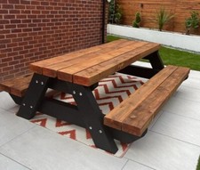 2.3m 8ft Rustic Solid Wooden Sleeper Outdoor Table and Benches Garden Furniture