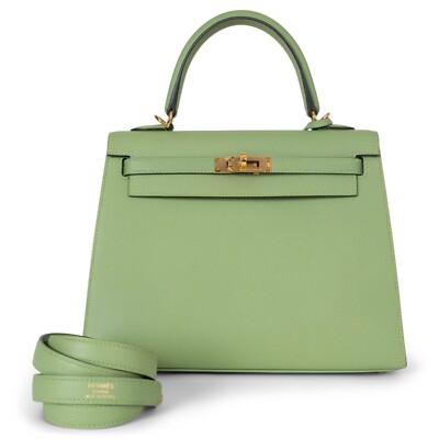71344 auth HERMES Vert Criquet Epsom leather KELLY 25 SELLIER Bag Ghw