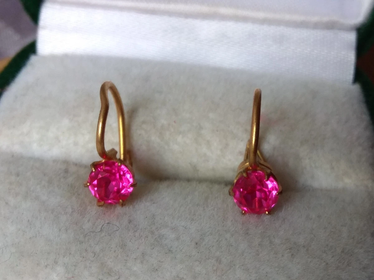 RARE nice Earrings metal gold plated stones Jewelry dark pink