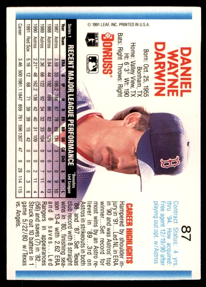 1992 Donruss Danny Darwin Boston Red Sox #87 - Image 2 of 2