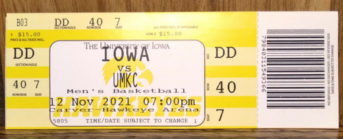 Iowa Hawkeyes Herren Basketball vs. UMKC Kangaroos 11.12.2021 Used Ticket Stub - Bild 1 von 2