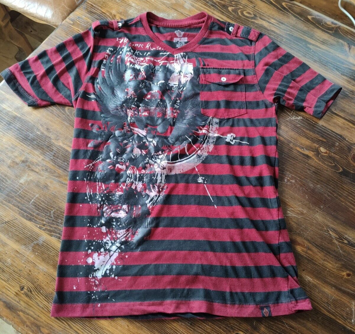 Swiss Cross Men Striped Burgundy Graphic Short Sleeve Pocket Fashion Style -  XL