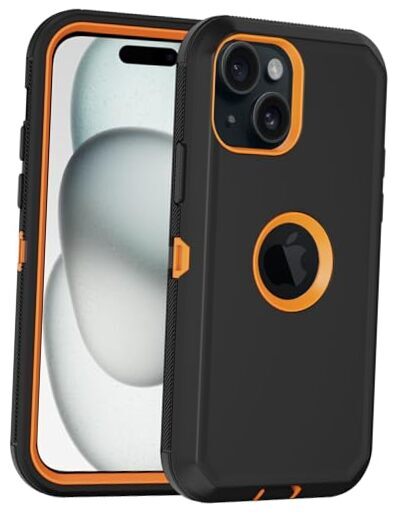 for iPhone 15 Case, with Built in Screen Protector Heavy Duty Drop Black/Orange-image