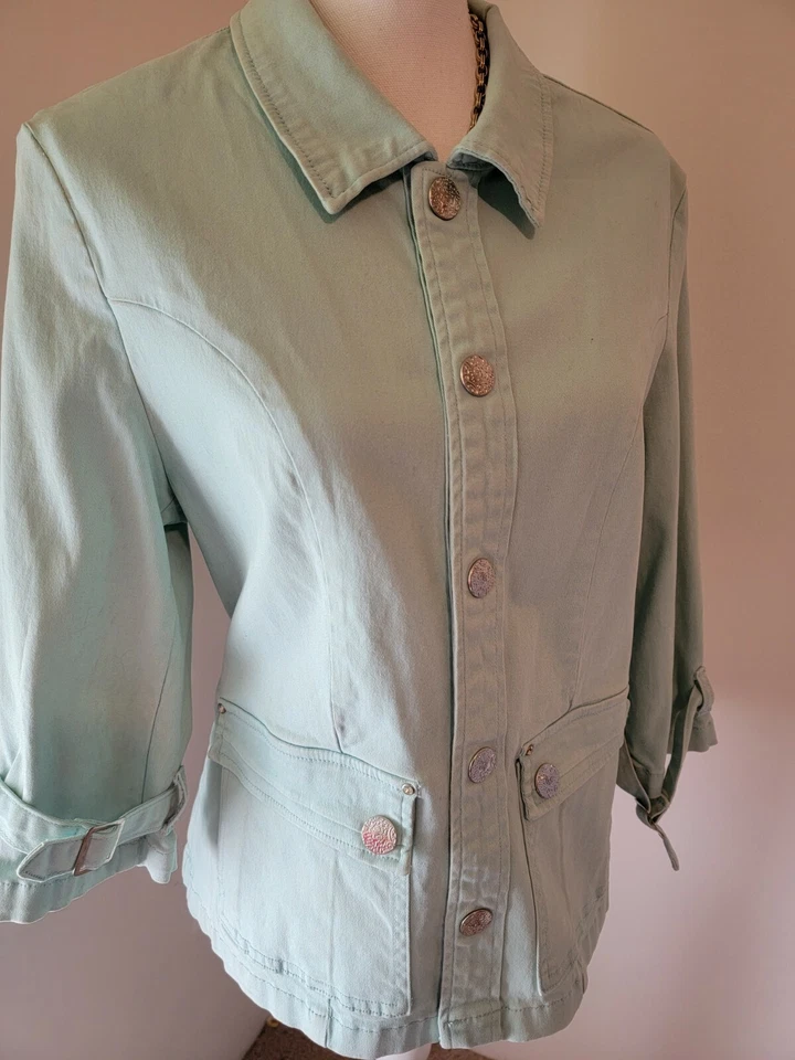 Chaqueta Blazer Mujer Etílico Suave Denim Azul Pálido Bolsillos Frontales a Presión Mediana M Foto 2 de 4