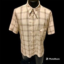 Vtg 70's McGregor Tan MoD Shadow PLAID ATOMIC Fleck BUTTERFLY Collar Shirt USA L