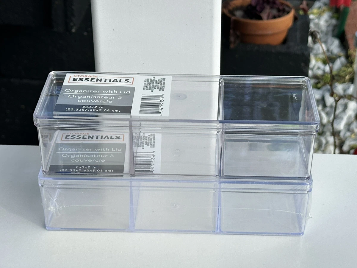 Essentials Clear Plastic 3-Compartment Storage Trays with Lids, 8x3x2 in.