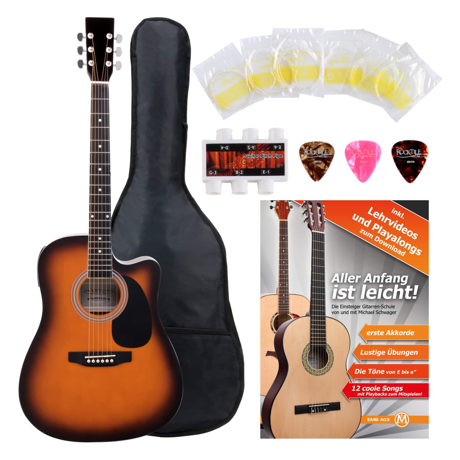 Set Chitarra Acustica Dreadnought Elettrificata Pickups EQ Custodia Sunburst