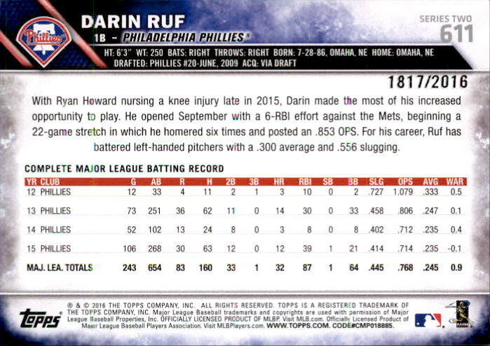 Darin Ruf 2016 Topps Series 2 Gold Parallel Card #611 1817/2016 | eBay