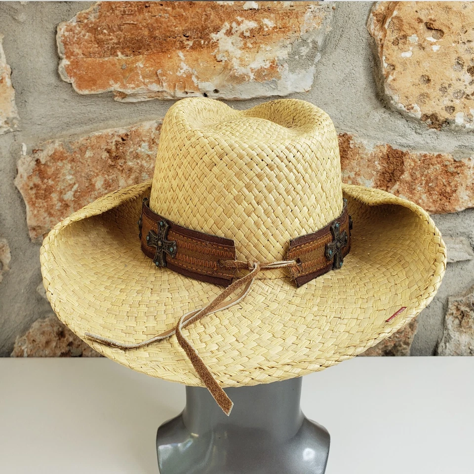 Sombrero de Vaquero de Paja Piel de Toro Rancho Western Talla M Banda de Gamuza Turquesa y Cruces Foto 4 de 4