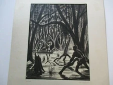 ARTHUR SHERMAN DRAWING ANTIQUE 1940'S SWAMP LANDSCAPE PORTRAIT BLACK AMERICANA