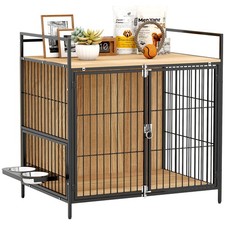 PawHut Dog Crate Furniture 30 in Dog Kennel Table with Rotatable Bowls, Oak