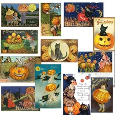 12 Halloween Postcards Reproduction VTG Antique Junk Journal Ephemera Pumpkins