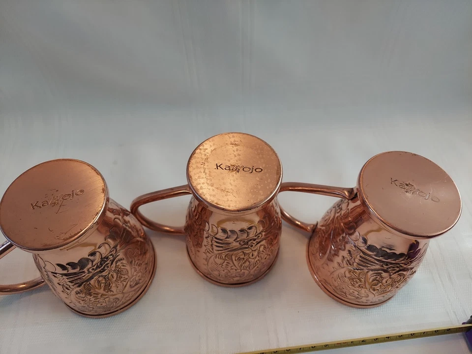Set Of 3 Beautiful Used Kamojo Moscow Mule Copper Mugs Embossed (U15) - Image 4 of 4