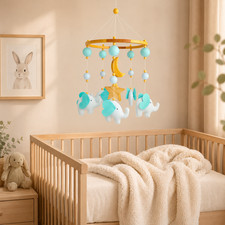 Elephant Baby Mobile Blue Felt Nursery for Boy Crib Handmade Baby Shower Gift