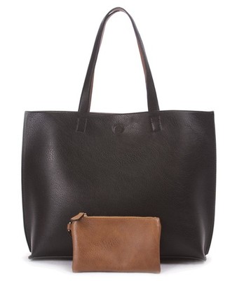 Reversible Tote Bag - Vegan Leather Womens Shoulder Tote with Wristlet, Black...