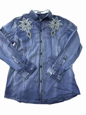 ROAR Shirt Men’s L Button Down Front Blue Stitching Design 