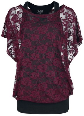 Black Premium by EMP Damen bordeaux rotes Spitzenshirt mit schwarzem Top