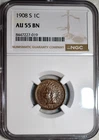 NGC AU-55 BN 1908-S Indian Head Cent, Razor-Sharp, Lustrous, Key-Date!