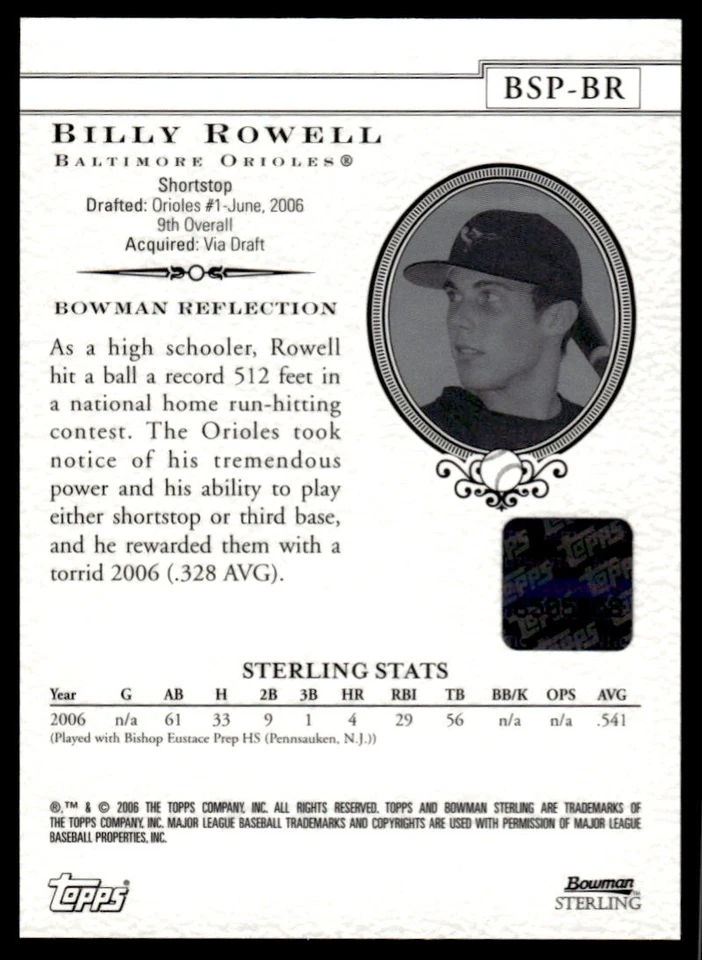 2006 Bowman Sterling Prospects Auto Billy Rowell #BSP-BR Baltimore Orioles - Image 2 of 2