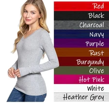 (Active USA) Long Sleeve Plain V-neck T-shirts Cotton/Spandex Junior Size (S-2X)