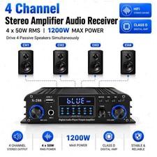 4-Channel Bluetooth Stereo Amp, 1200W Max, USB/SD/FM