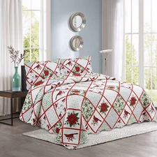 Christmas Embossed Printed Bedspread Coverlet Quilt Set, Red Cardinal Poinsettia