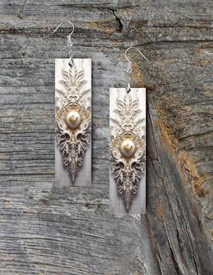 Earrings,  White Rococo Print Wood Bar Printed Earrings Jewelry