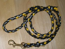 BRAIDED LEATHER DOG LEASH, 3/8" X 50.5", YELLOW BLACK, SOLID BRASS SNAP