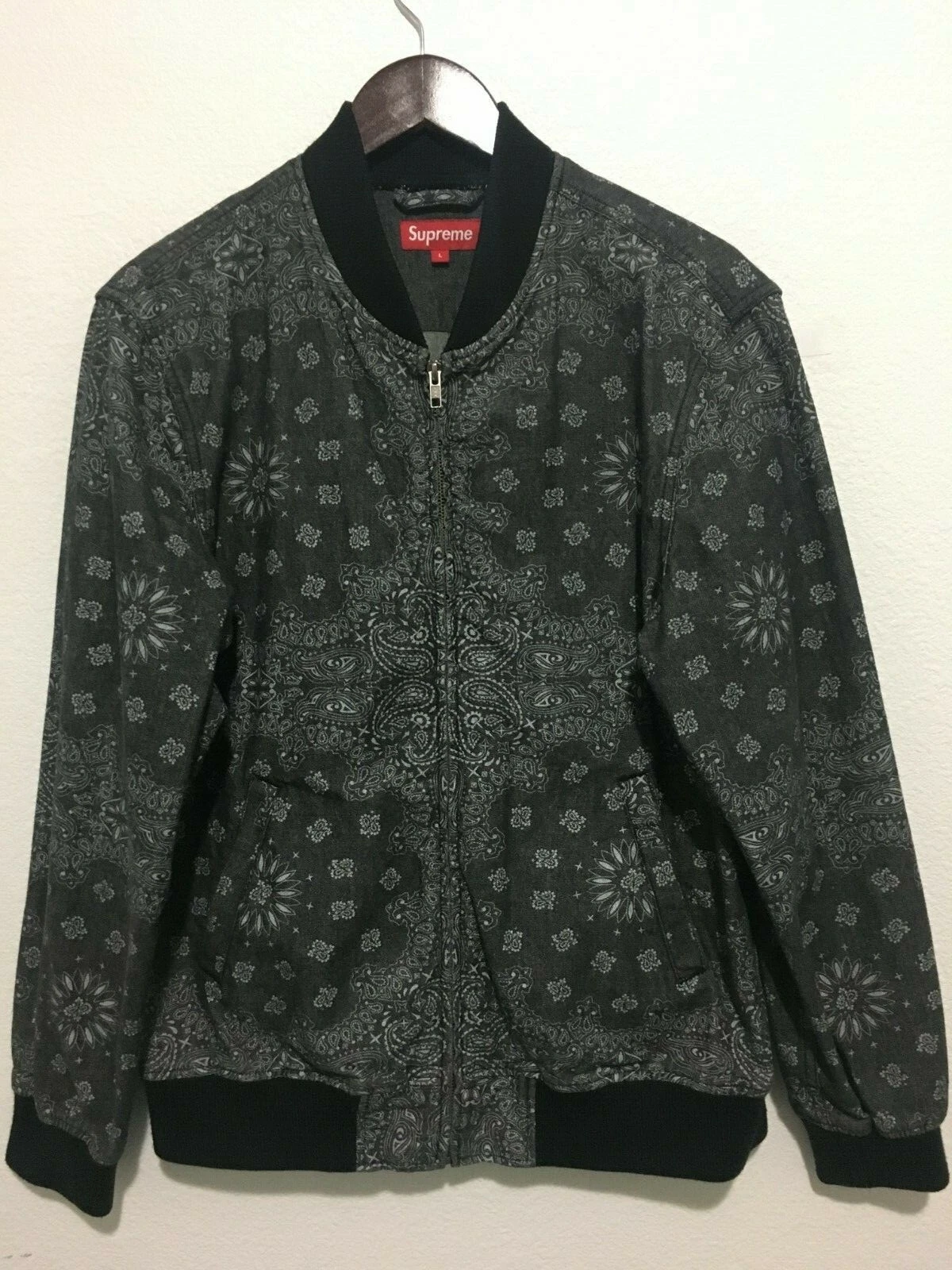 SUPREME Paisley Bandana Denim Bomber Jacket manches longues haut noir grand L SS13