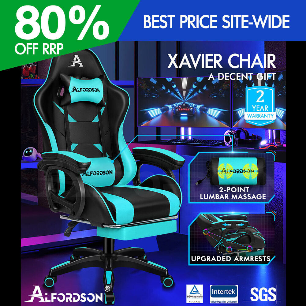 ALFORDSON Silla Gaming con Masaje Reposapiés Silla de Oficina Cian y Negro