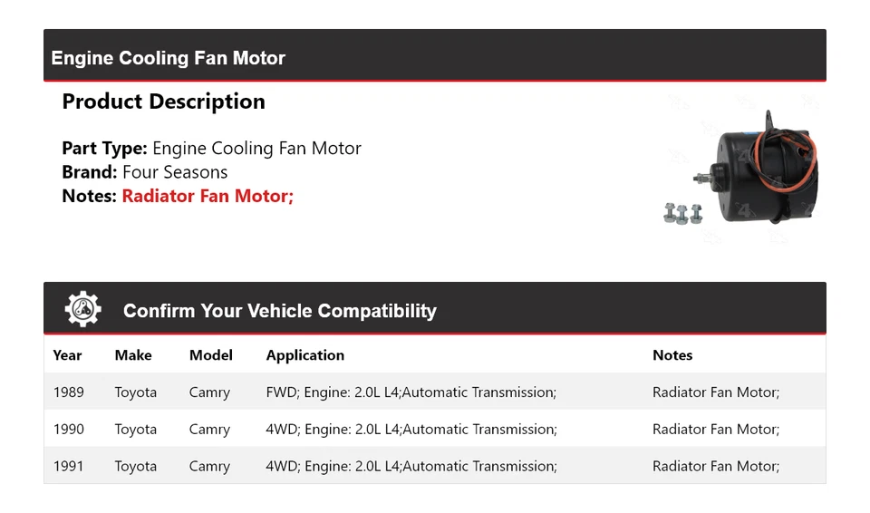 Ventilador de refrigeración motor 4 estaciones 1990 para Toyota Camry 1989-1991 2,0 L L4 Foto 2 de 4