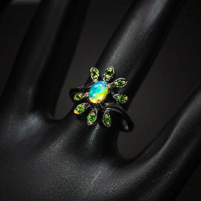 Jewelry Gift Natural Opal chrome diopside Silver ring 925 Sterling / RVS303 - Image 2 of 4