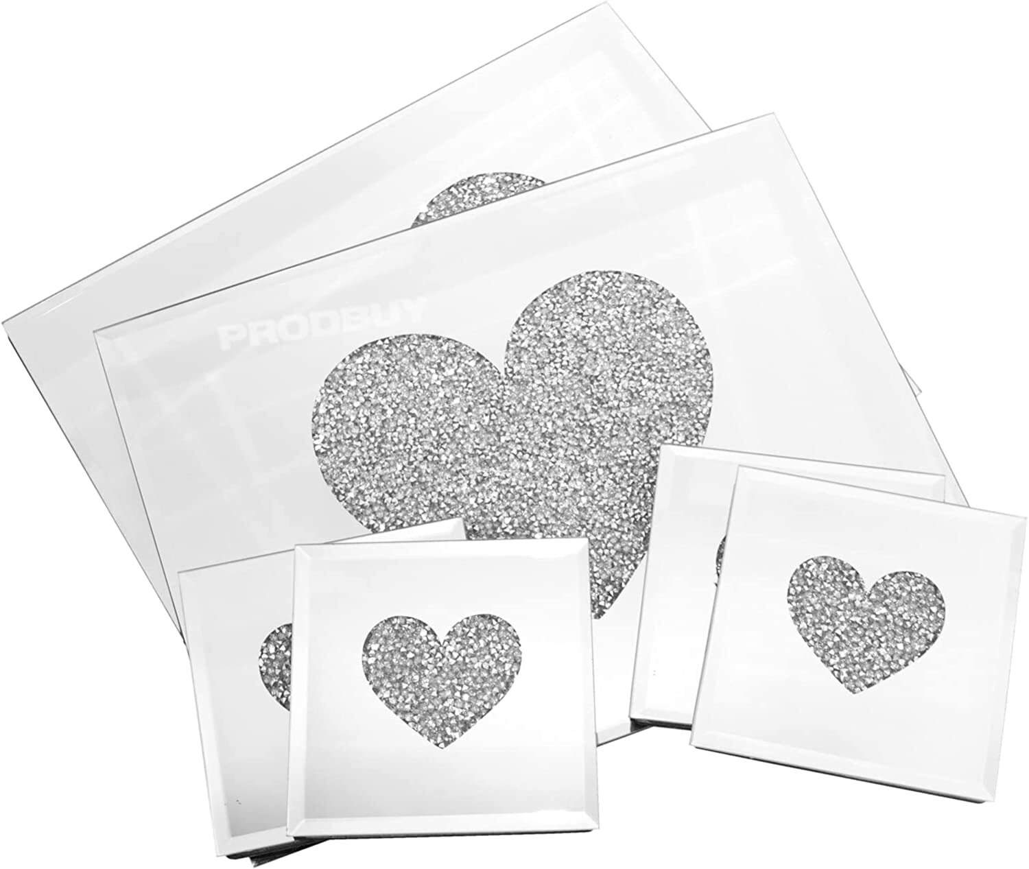 Set Crushed Diamond Glamour Silver Glitter Heart Glass Placemats