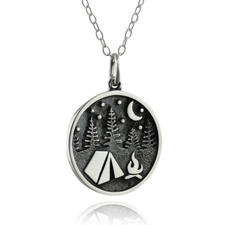 Camping Charm Necklace 925 Sterling Silver Trees Tent Campfire Moon Stars Gift