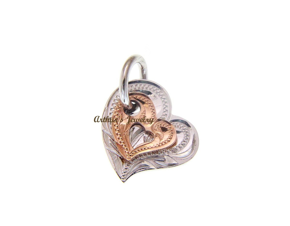 SOLID 14K WHITE PINK ROSE GOLD DOUBLE HEART LOVE ENGRAVE