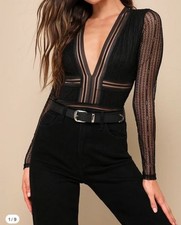 Lulus Casita Bodysuit Black Sheer Lace Long Sleeve Size M