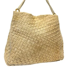 Bottega Veneta Intrecciato Canvas Shoulder Bag Beige Authentic Excellent Condit