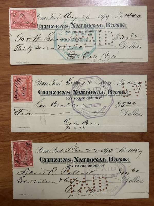 United States 1899 Three Old " Citizens National Bank ". Peru, Indiana Bank Chec