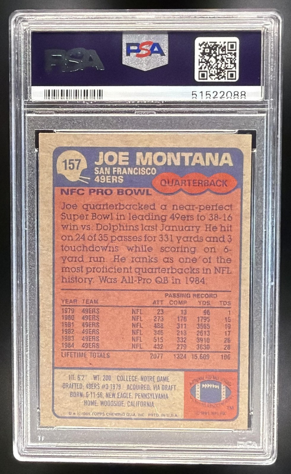 JOE MONTANA 1985 TOPPS #157 49ERS PSA 9 view 2